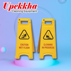 "caution wet floor" and " cleaning in progress" sign