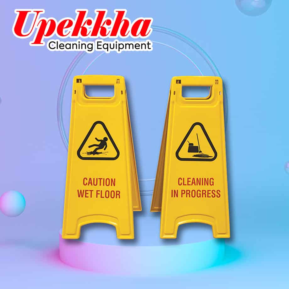 "caution wet floor" and " cleaning in progress" sign