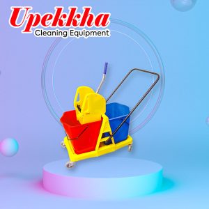 Mopping bucket with dual compartment blue, red bucket and yellow wringer in the middle
