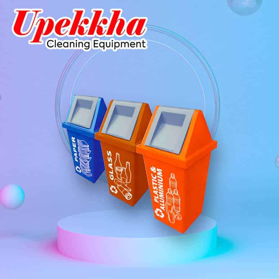 Upekkha V-BIN-RC25/26 polyethylene flip top recycle bins in blue, brown and orange.