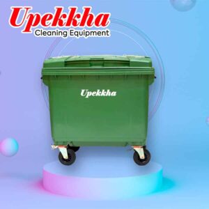 1100 Liter green plastic waste bin with wheels.