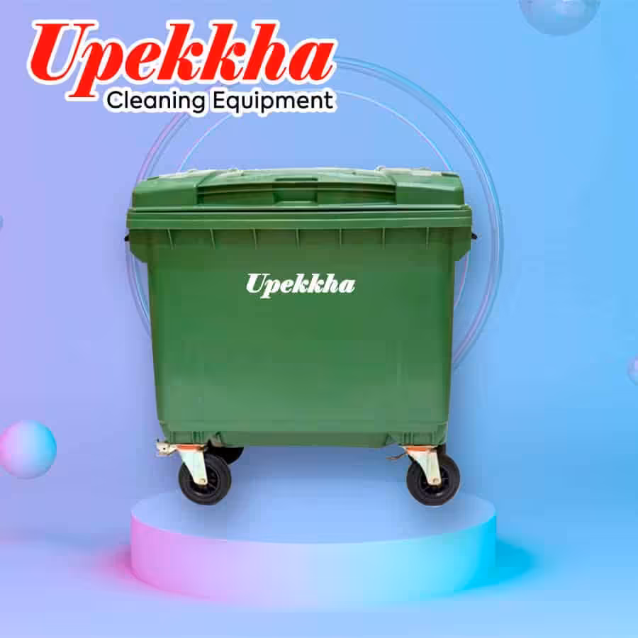 1100 Liter green plastic waste bin with wheels.