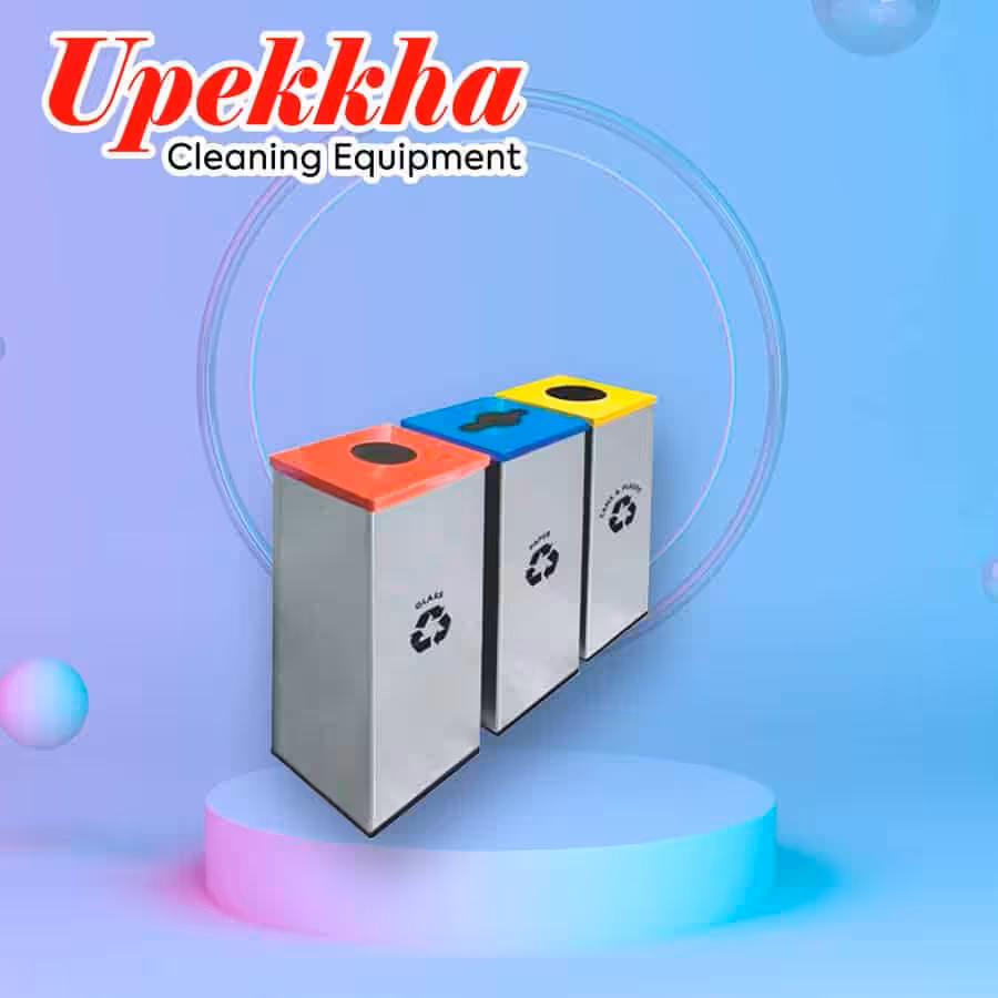 Upekkha V-BIN-RC09 rectangular stainless steel recycle bins with blue, yellow and red covers.
