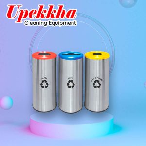 Upekkha V-BIN-RC10 round recycle bin with red, blue and yellow cover.