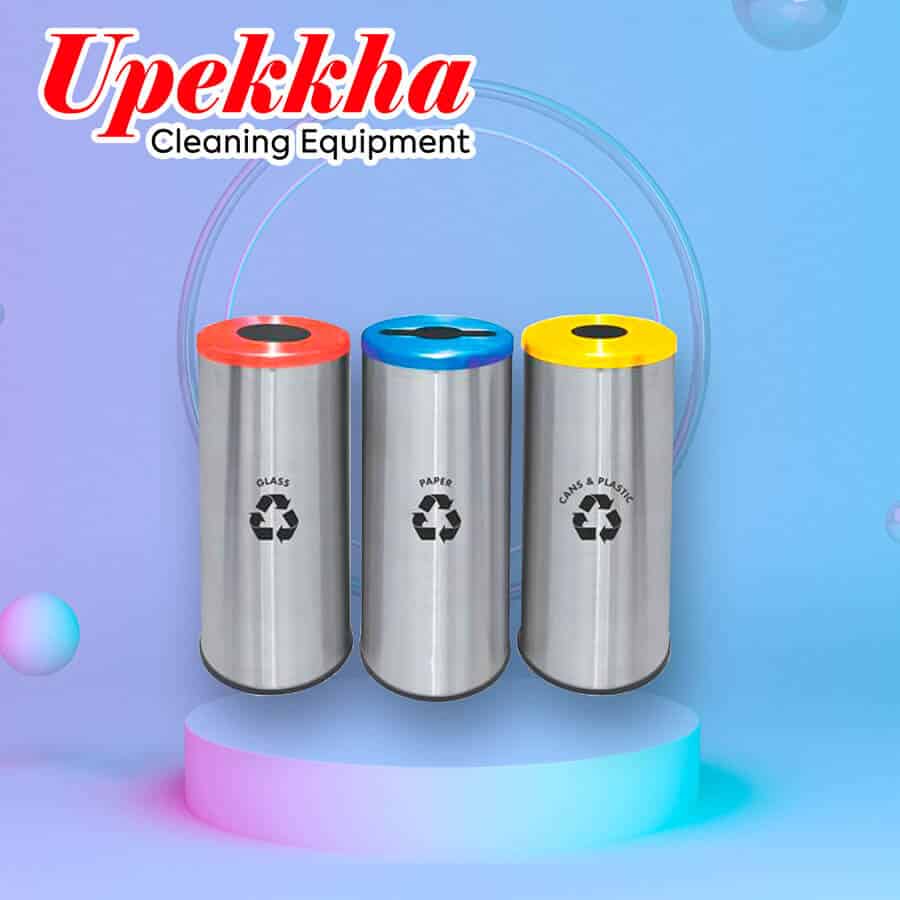 Upekkha V-BIN-RC10 round recycle bin with red, blue and yellow cover.