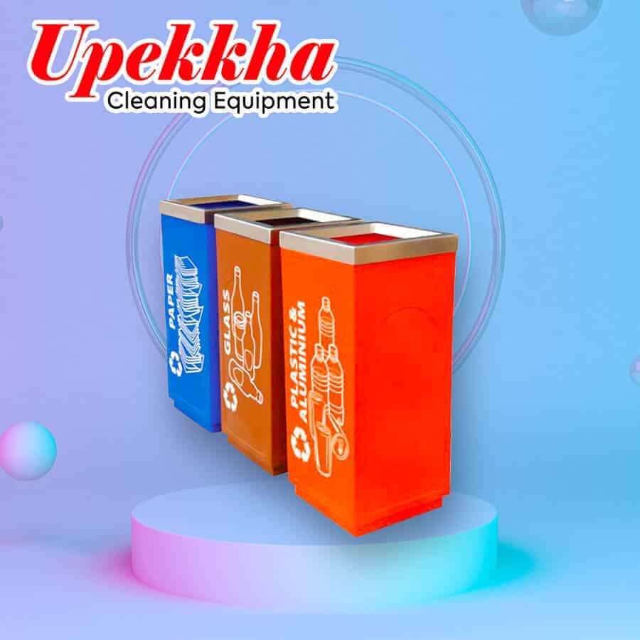 Upekkha V-BIN-RC24 rectangular open top polyethylene recycle bin in blue, brown and orange.