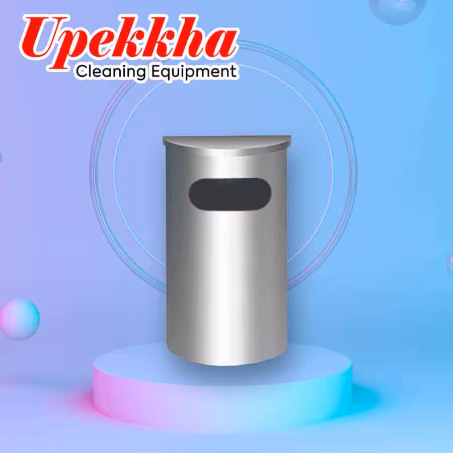 Upekkha V-BIN.S16 semi-round stainless steel silver flat dustbin with a trash collection opening.