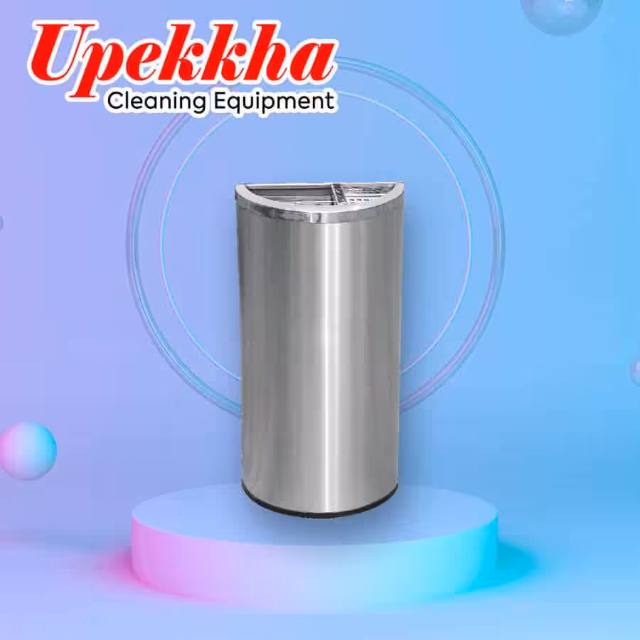 Upekkha V-BIN.S19 semi-round stainless steel dustbin with 1/3 ashtray & 2/3 open top in silver.