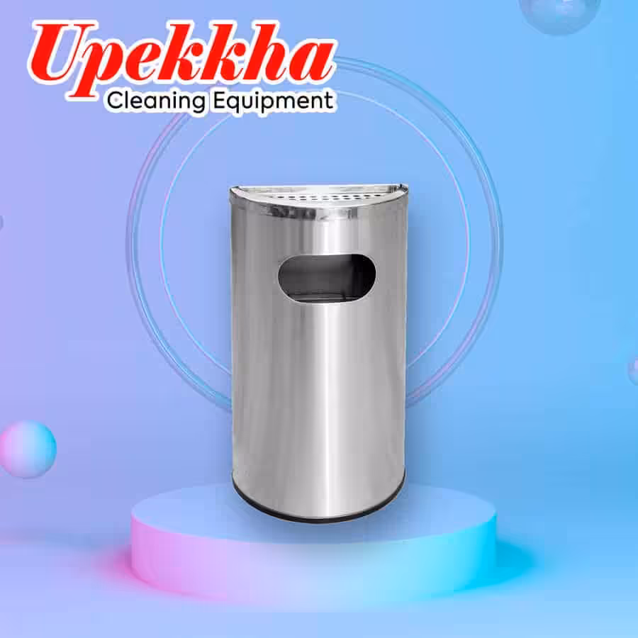 Upekkha V-BIN.S20 semi-round dustbin with semi-round ashtray in silver.
