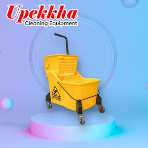 yellow mopping bucket with wringer and dual compartment