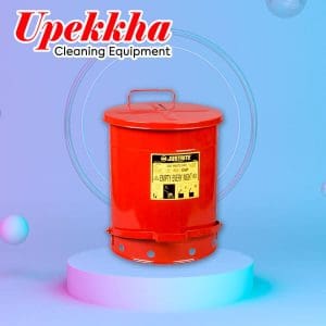 Upekkha red Justrite steel round oily waste can with foot pedal.