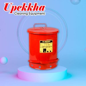 Upekkha red Justrite steel round oily waste can with foot pedal.