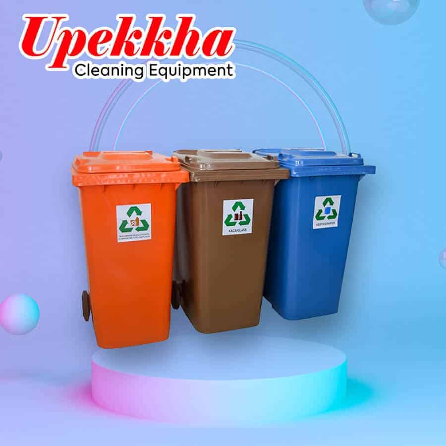 Upekkha industrial polyethylene recycle bins in orange, brown and blue.