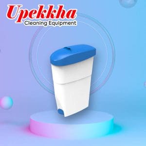 Upekkha white sanitary bin with blue foot pedal and top.