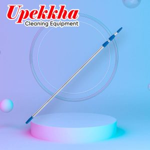 A silver aluminum telescopic pole with blue accents.