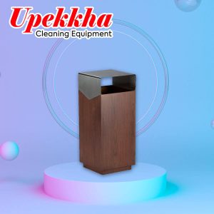 Upekkha V-BIN-E02 rectangular wood grain bin with a stainless steel top.