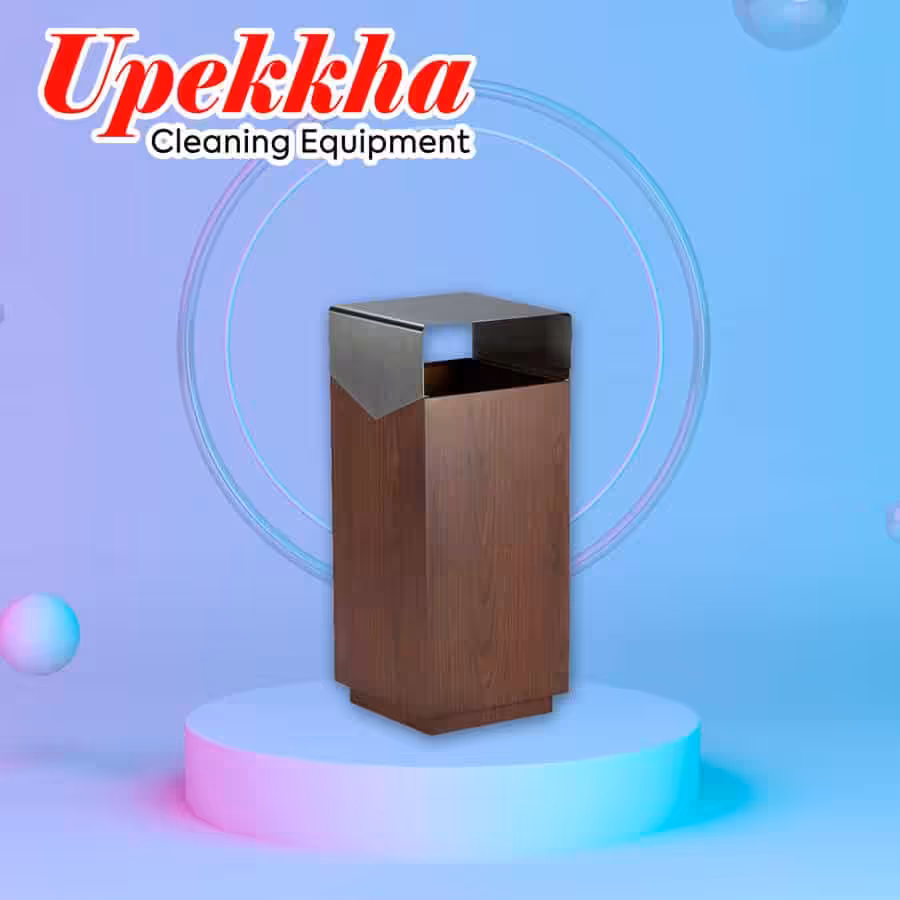 Upekkha V-BIN-E02 rectangular wood grain bin with a stainless steel top.