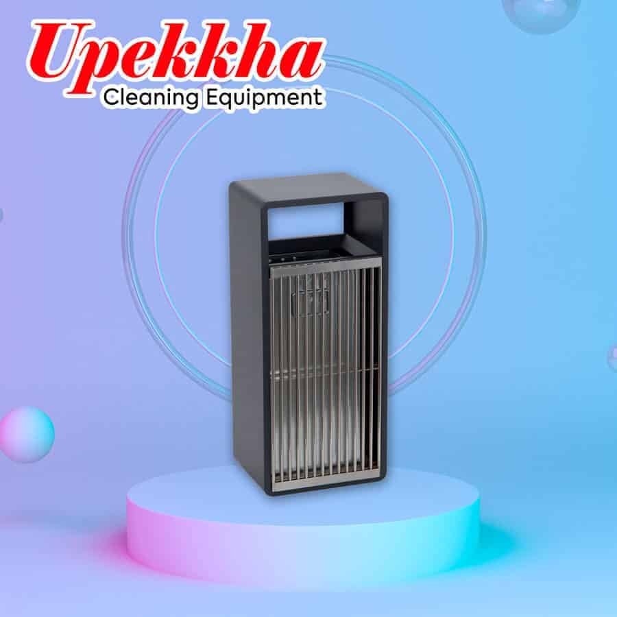 Upekkha V-BIN.E03 dark grey powder coated bin with stainless steel grill in front.