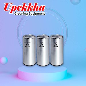 Upekkha V-BIN-RC02 round stainless steel recycle bins with dome shaped flip tops.