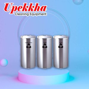 Upekkha V-BIN-RC03 round stainless steel flip top recycle bins.