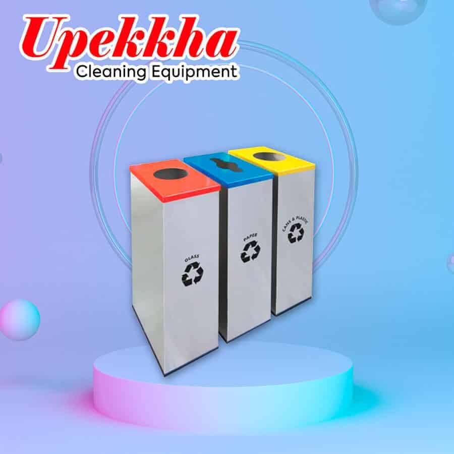 Upekkha V-BIN-RC05 stainless steel rectangular recyle cins with power coating covers colored red, blue and yellow.