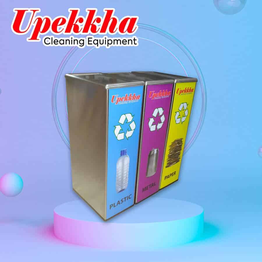 Upekkha V-BIN-RC06 stainless steel rectangular recycle bin with stickers.