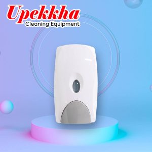 Upekkha white plastic soap dispenser with a grey hand press.