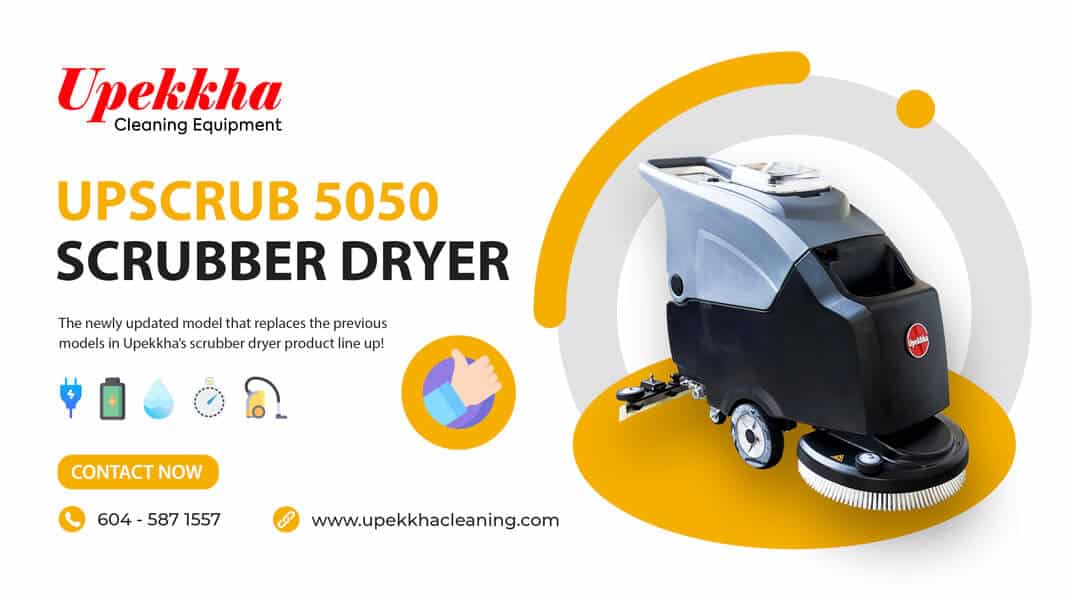 Upekkha banner artwork advertising Upekkha's UpScrub 5050 auto scrubber machine on a white background.