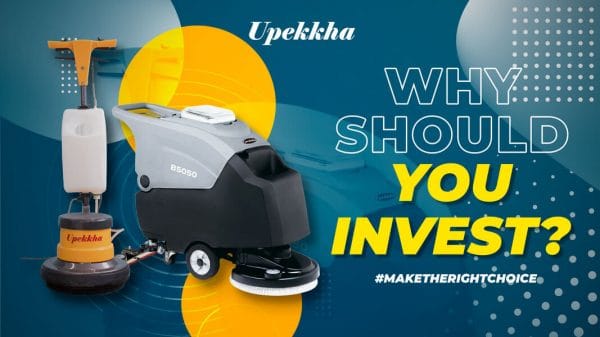 A Upekkha banner artwork with the words "Why should you invest?" accompanied by 2 Upekkha cleaning machines in grey and yellow on a dark blue background.