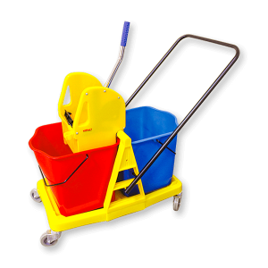 A mopping wringer bucket in colours yellow, blue and red.