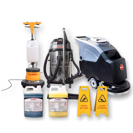 A few cleaning products and machines from Upekkha on a transparent background.