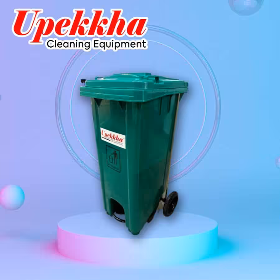 Upekkha green polyethylene wheelie bin with front foot pedal.