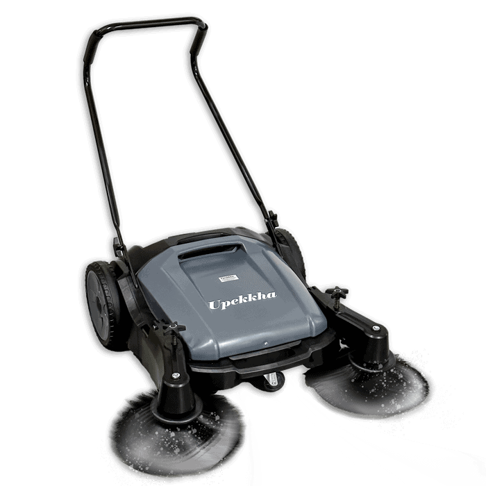 Upekkha UpSweep UMS100 grey mechanical floor sweeper with 2 side brushes.