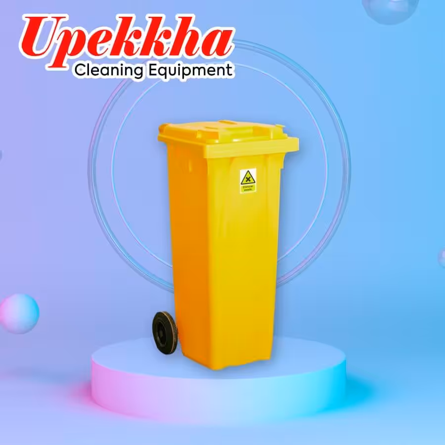 Yellow wheeled clinical waste bin for medical and healthcare waste disposal