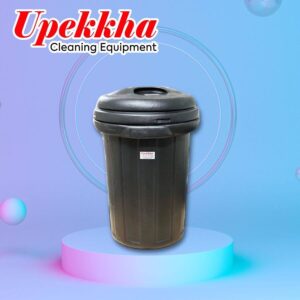 Black cylindrical polyethylene garbage bin with cover