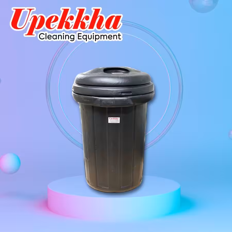 Black cylindrical polyethylene garbage bin with cover