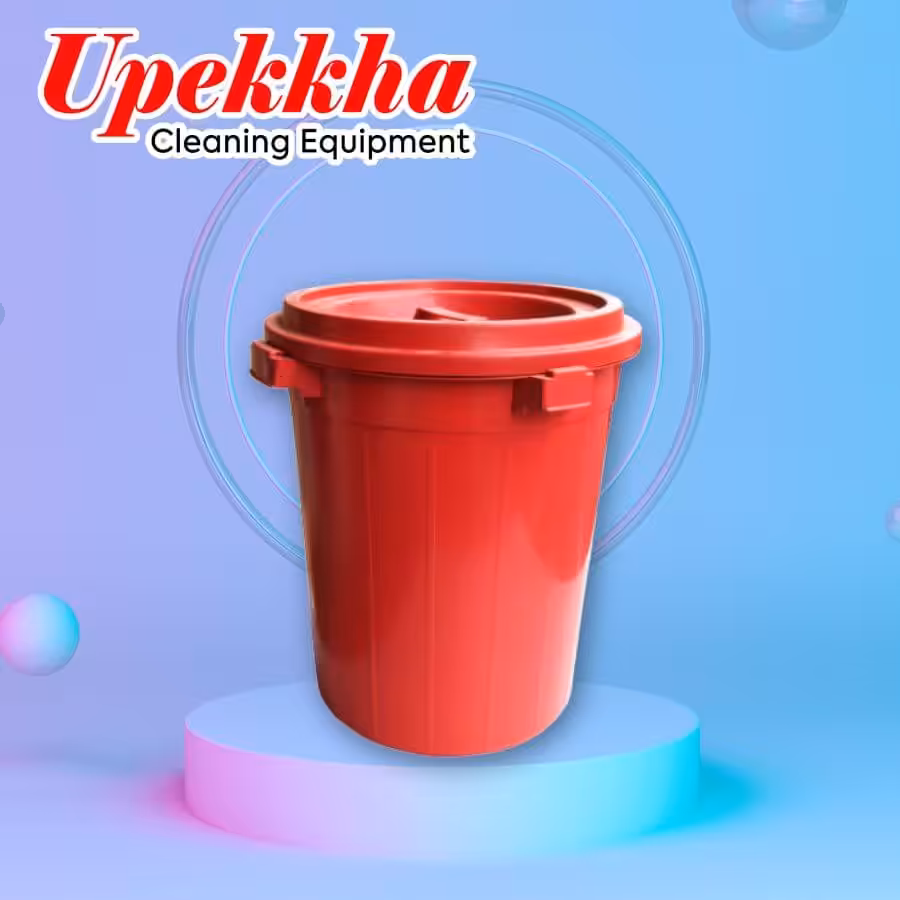 Red cylindrical plastic bin with cover