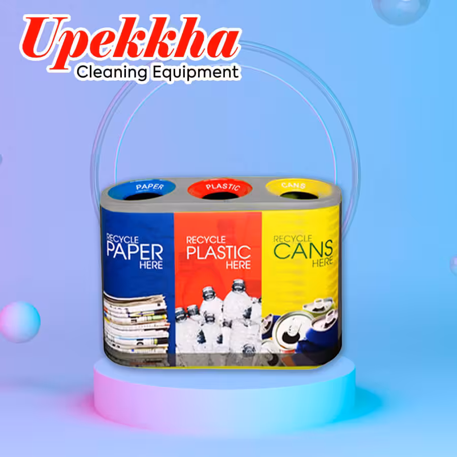 Three compartment fiberglass recycle bin for paper, plastic and cans
