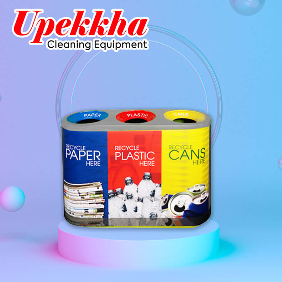 Three compartment fiberglass recycle bin for paper, plastic and cans