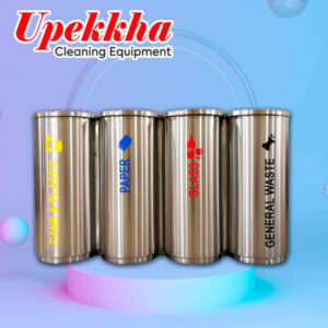 Four compartment cylindrical stainless steel recycle bin for cans paper glass and general waste
