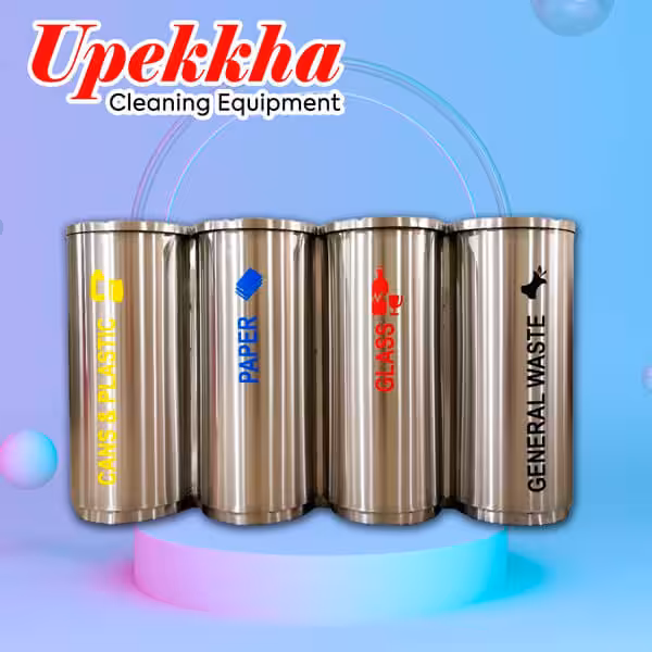 Four compartment cylindrical stainless steel recycle bin for cans paper glass and general waste