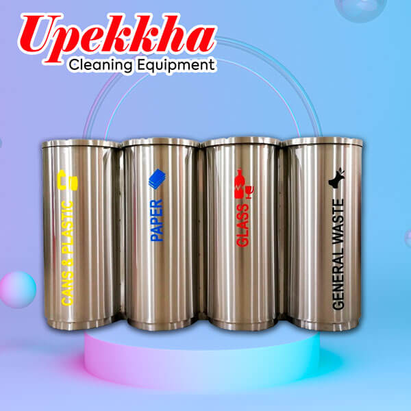 Four compartment cylindrical stainless steel recycle bin for cans paper glass and general waste