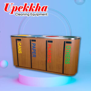 Four compartment powder coated wood grain recycle bin for cans paper plastic and others