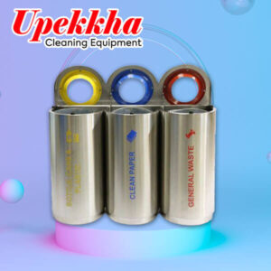 Three compartment cylindrical stainless steel recycle bin for paper cans and general waste