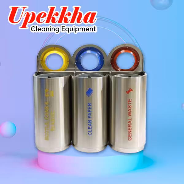 Three compartment cylindrical stainless steel recycle bin for paper cans and general waste