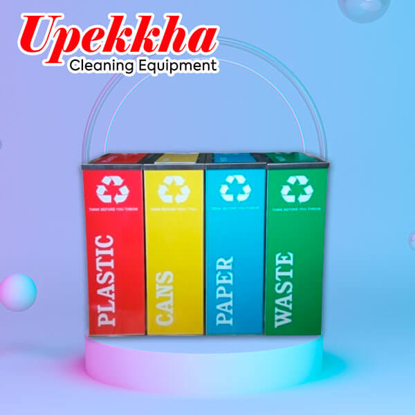 Four stainless steel rectangular recycle bin with flip top lids