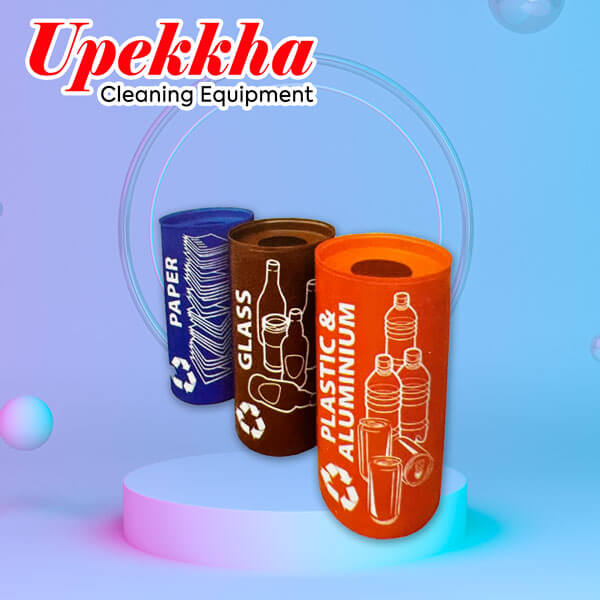 Three cylindrical polyethylene recycle bin with open top for paper, glass and plastic and aluminium