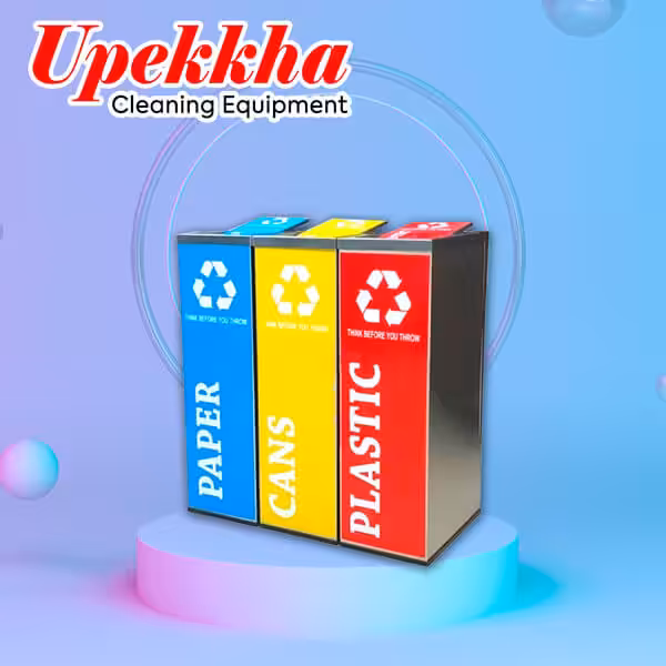 Three compartment stainless steel rectangle recycle bin for paper, cans and plastic