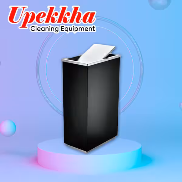 Black powder coated rectangular bin with flip top