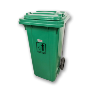 A Upekkha green rectangular upright industrial polyethylene garbage bin with dark grey wheels and side foot pedal.